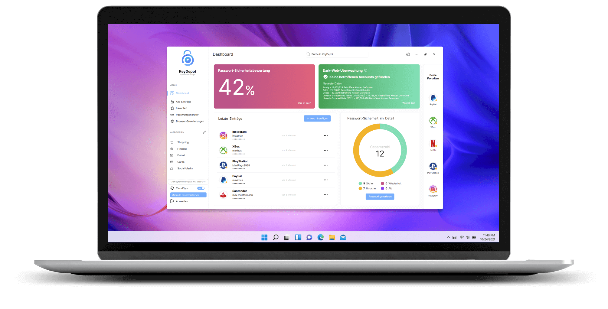 KeyDepot Dashboard mit Sicherheitsübersicht